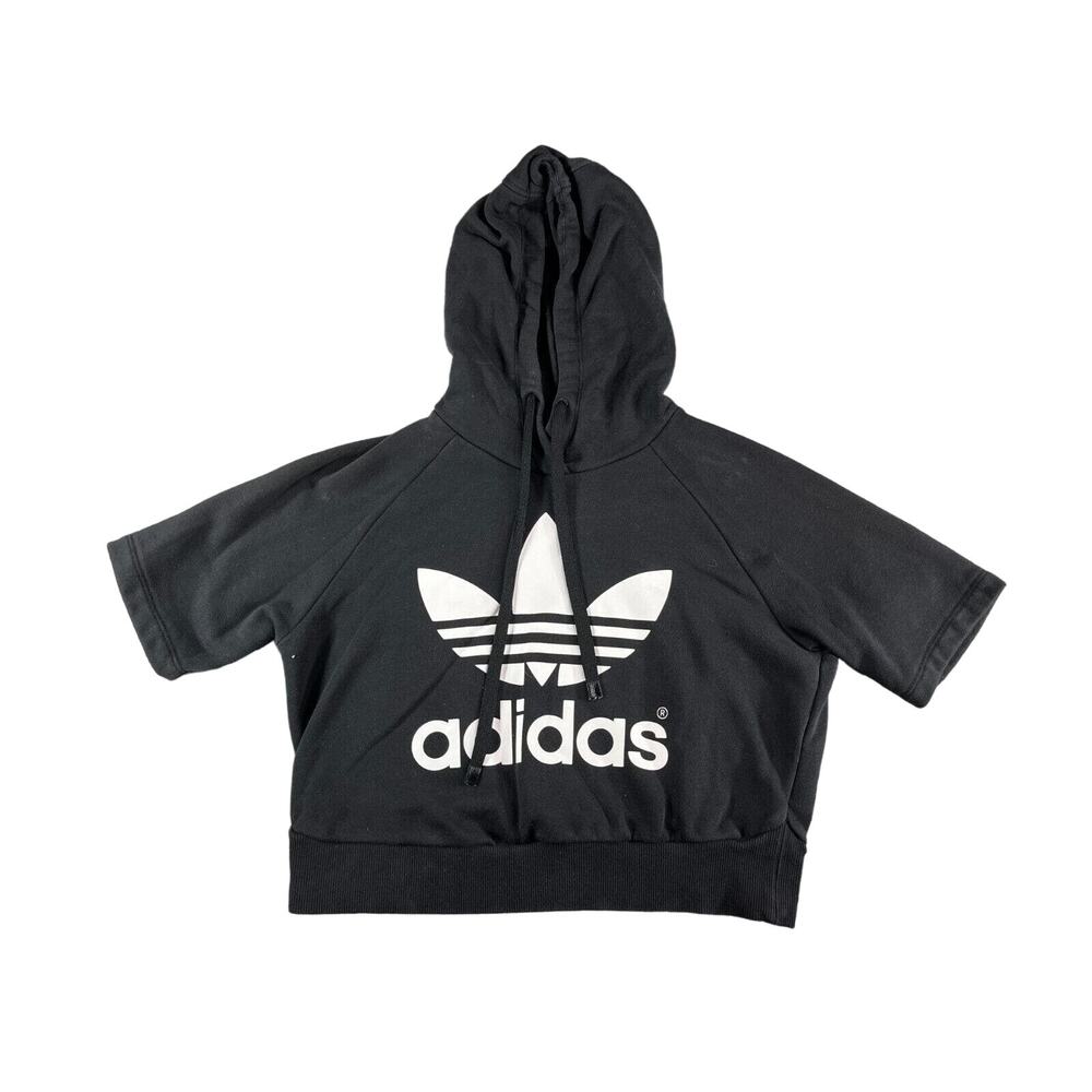 Adidas Sweater Hoodie Womens Small Black Cropped Short Sleeve Athletic